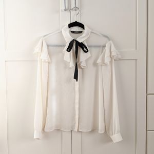ZARA | White Ruffle Dress Shirt with Black Bow